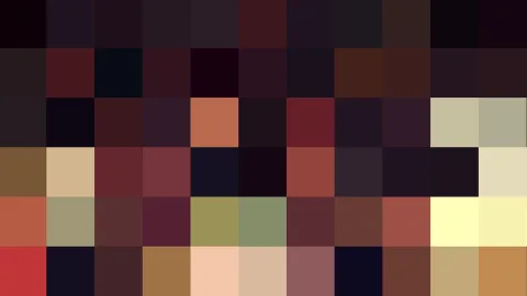 Abstraktes Mosaik aus quadratischen Farbfeldern in Dunkelrot, Schwarz, Ocker, Olivgrün und Hellgelb in einem Raster von elf mal sechs Blöcken.