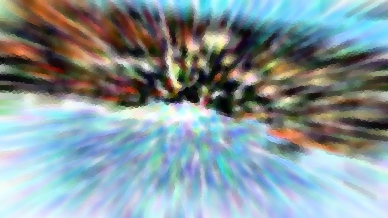 Abstrakte Komposition mit radialen Farbstreifen in Orange, Braun, Türkis und Blau, die von einem dunklen Zentrum nach außen strahlen.