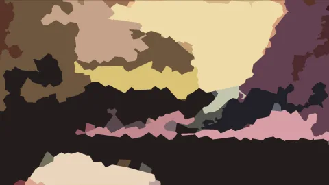 Abstrakte Komposition aus unregelmäßigen Farbflächen in Ocker, Braun, Creme, Rosa und Schwarz, die einander überlagern.