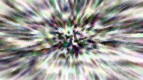 Abstraktes Bild mit radial von der Mitte nach außen laufenden Streifen in Grün, Violett, Weiß und Schwarz, mosaikartig gepixelt.