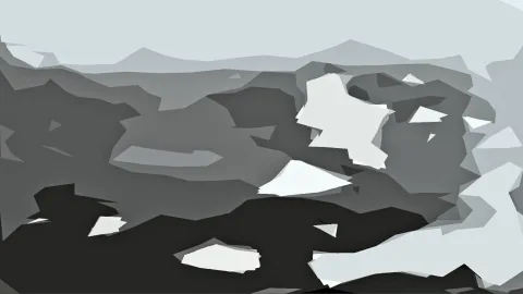 Abstrakte Komposition aus grauen, weißen und schwarzen Polygonflächen, die an eine Berglandschaft erinnern.