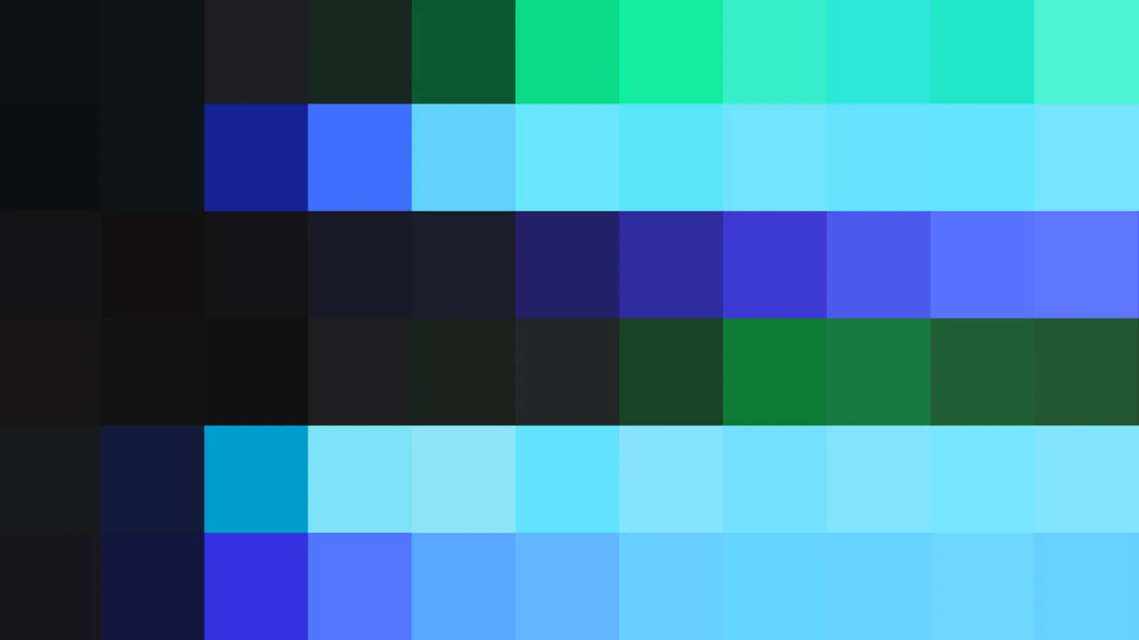 Raster aus farbigen Quadraten, von fast schwarz über Grün und Türkis bis zu leuchtendem Blau und Violett.