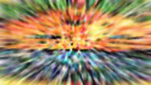 Abstrakte Komposition aus radial von der Mitte nach außen verlaufenden Farbstreifen in Gelb, Orange, Grün und Blau, mosaikartig verpixelt.