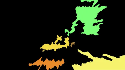 Flache, farbige Formen in Grün, Gelb, Orange und Braun auf schwarzem Grund, die an Landkarten erinnern.
