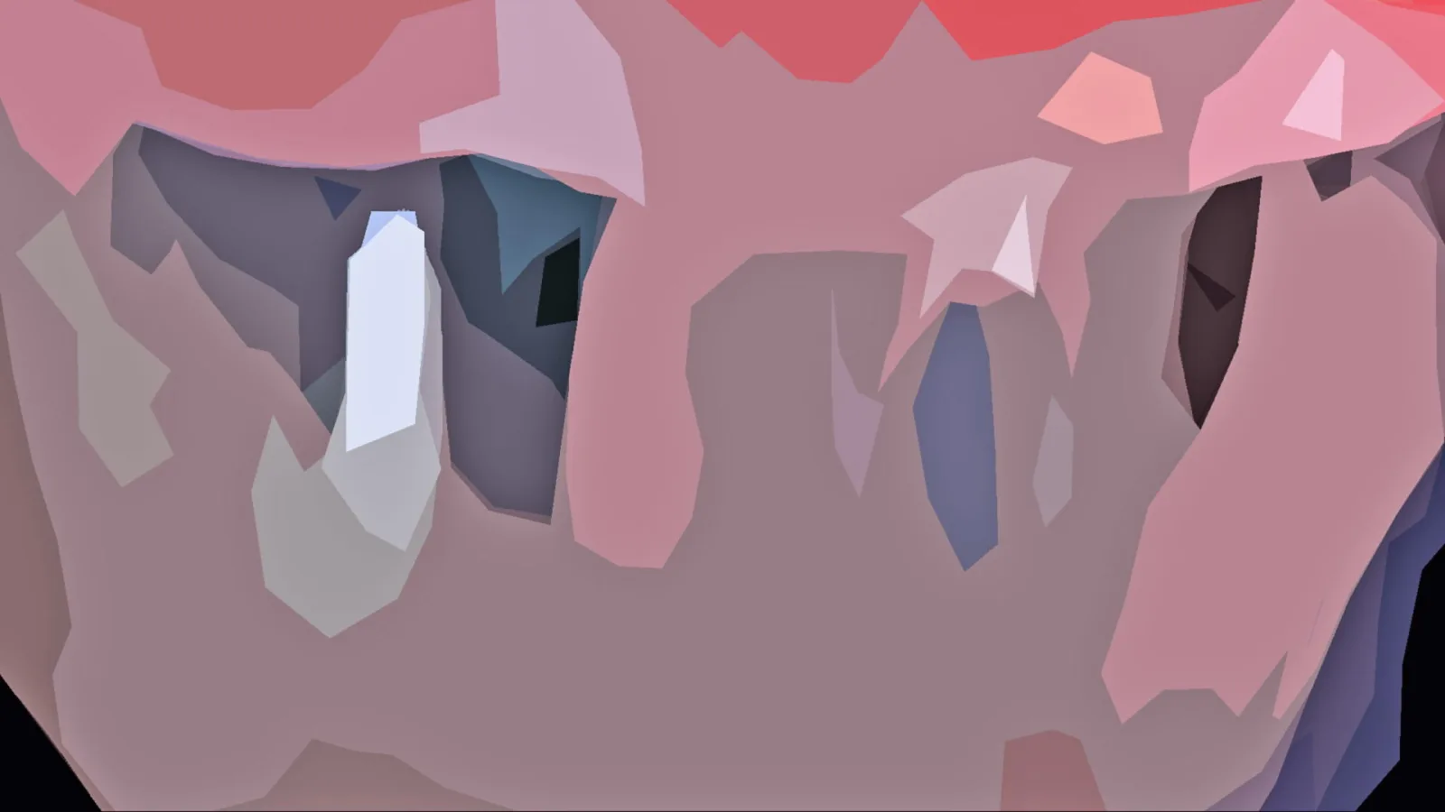Abstrakte Komposition aus flachen, facettierten Formen in Rosa, Rot, Grau und Blaugrau, am unteren Rand schwarz.