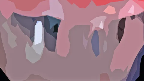 Abstrakte Komposition aus flachen, facettierten Formen in Rosa, Rot, Grau und Blaugrau, am unteren Rand schwarz.