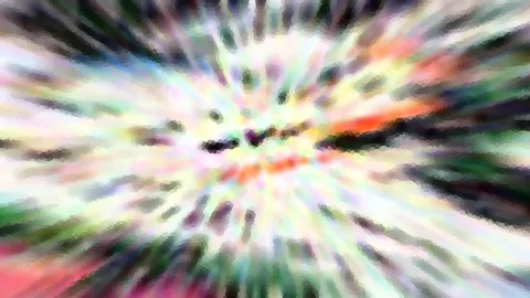 Abstraktes Bild mit radialer Bewegungsunschärfe in Regenbogenfarben, das von der Mitte nach außen strahlt und mosaikartig gepixelt ist.
