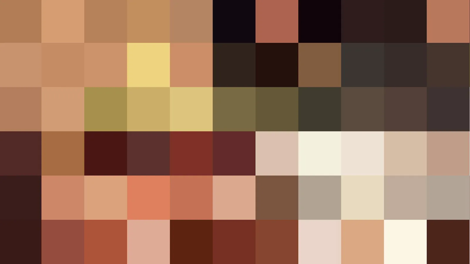 Mosaik aus quadratischen Pixeln in Braun-, Beige- und Rottönen, dazwischen einzelne gelbe und dunkle Felder.