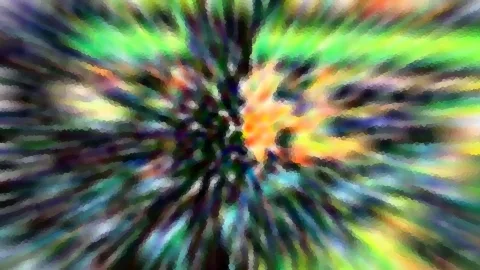 Abstraktes Bild mit explosionsartig von der Mitte ausgehenden Streifen in Grün, Gelb, Orange und Dunkelblau, die grob gepixelt wirken.
