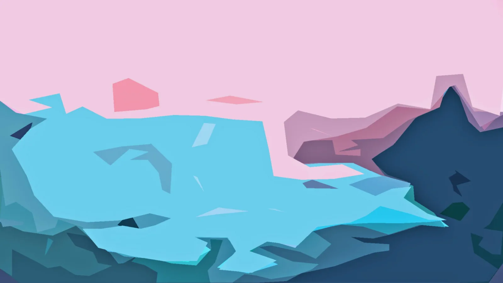 Low-Poly-Landschaft mit hellblauen Eisflächen, dunkelblauen Felsen rechts und rosafarbenem Himmel