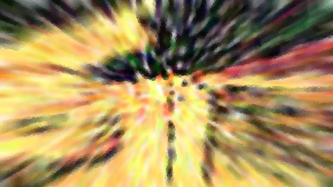 Abstrakte Komposition aus radialen Schlieren in Gelb, Orange und Grün, die von einem hellen Zentrum nach außen laufen, mit grober, mosaikartiger Pixelstruktur.