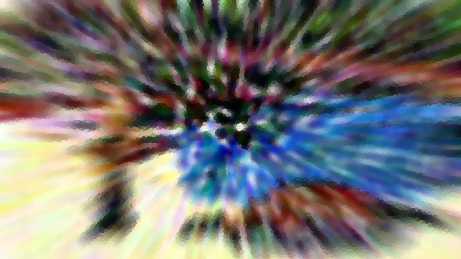 Abstraktes Bild mit bunten Farbstrahlen, die von einer dunklen Mitte mit blauem Kern radial nach außen laufen, grob gerastert.