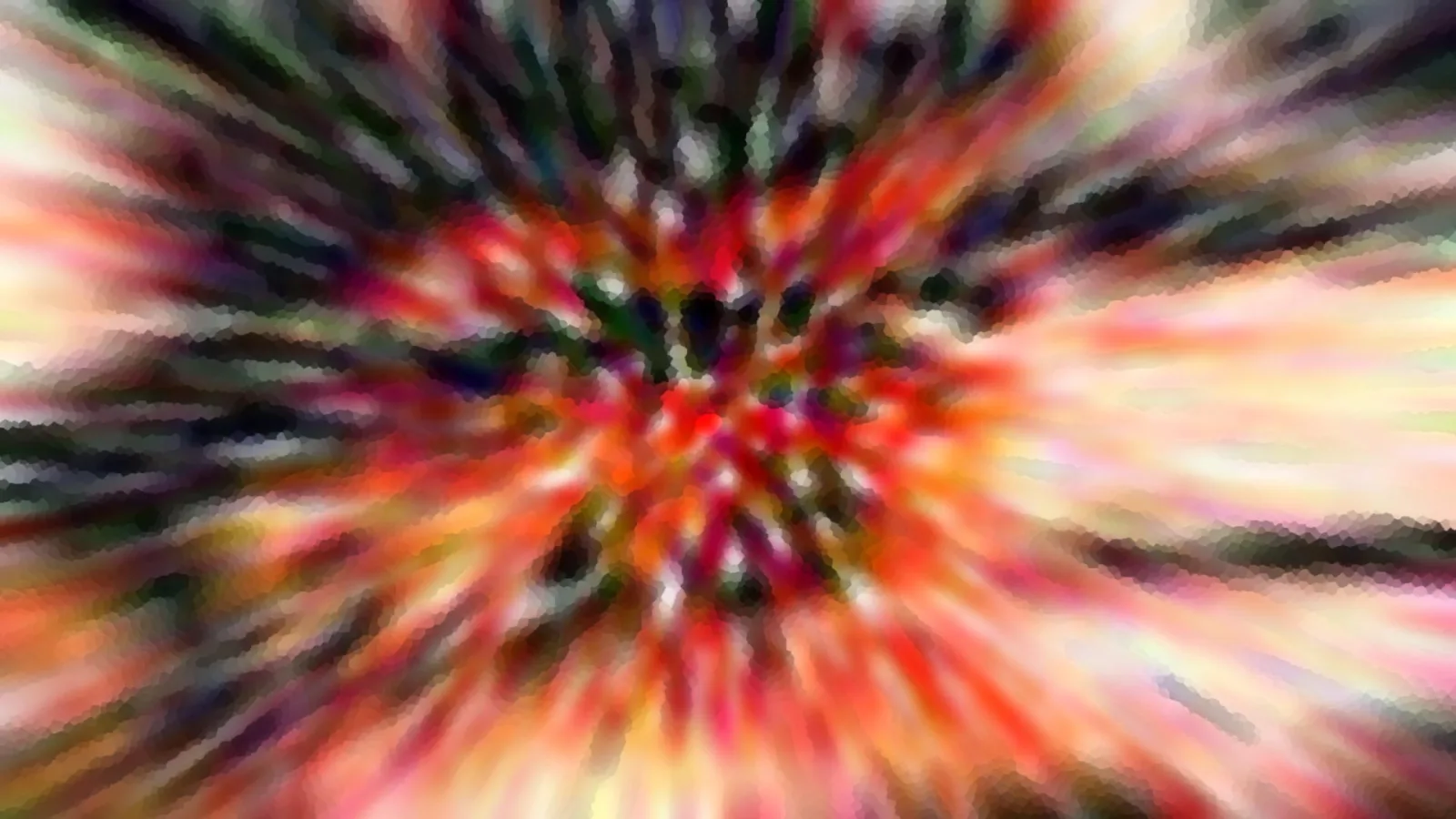 Abstraktes Bild mit bunten, radial von einem dunklen Zentrum in der Mitte nach außen laufenden Farbstreifen in Rot, Orange, Grün und Weiß.