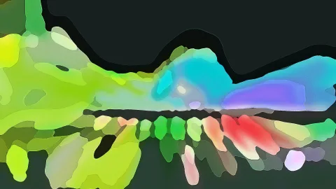 Abstrakte Komposition aus weichen, unregelmäßigen Farbflächen in Grün, Türkis, Violett, Rot und Rosa auf dunklem Hintergrund.