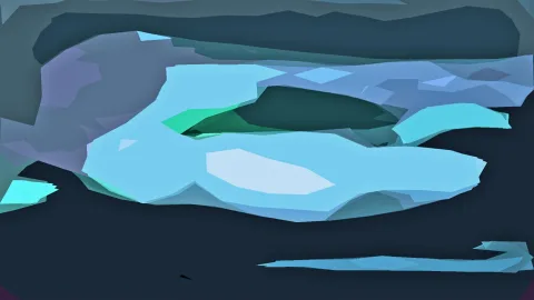 Abstrakte Komposition aus blauen, türkisfarbenen und grauen Polygonflächen vor dunklem Hintergrund, im Zentrum ein helles, fast weißes Feld.