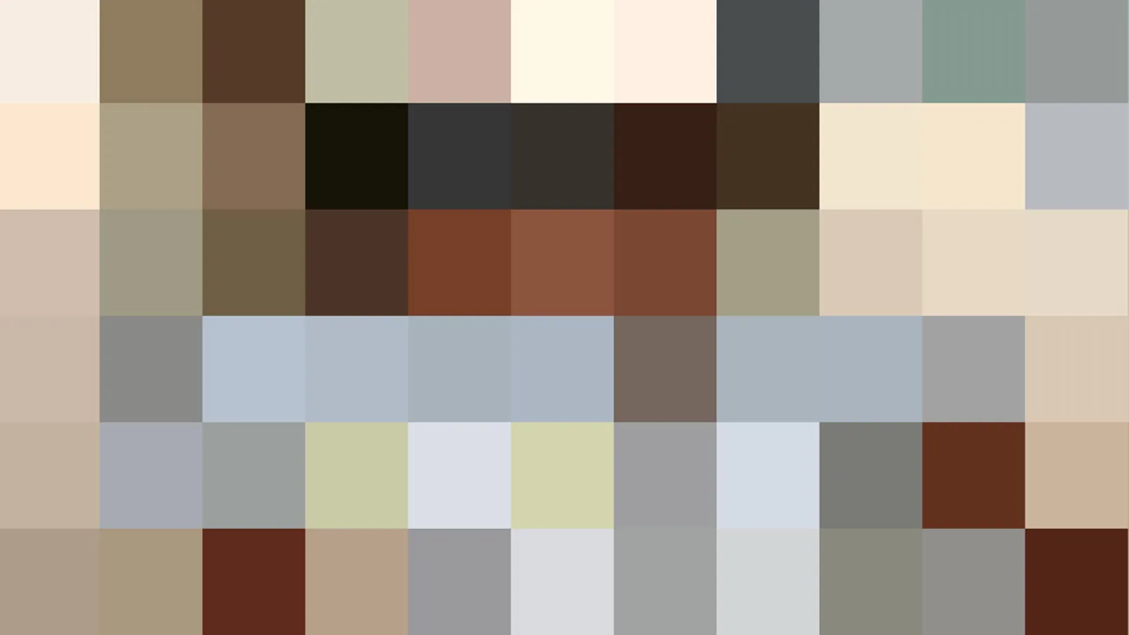 Mosaik aus quadratischen Farbblöcken in Beige, Braun, Grau, Blau und Schwarz, ohne erkennbares Motiv.