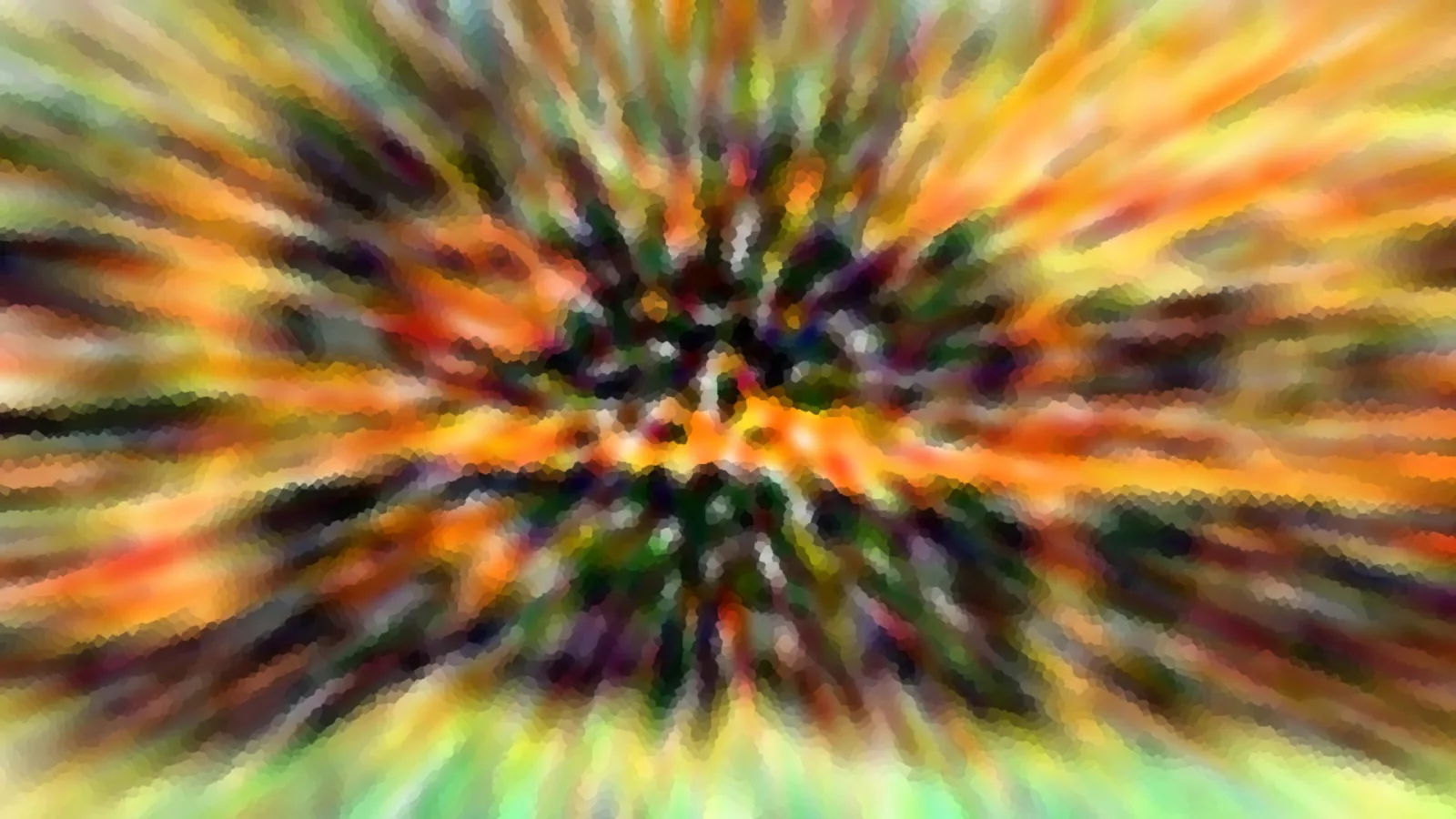 Abstrakte Komposition aus orangen, gelben, grünen und dunklen Farbstrahlen, die von einem dunklen Zentrum in der Bildmitte nach außen laufen und in Pixelblöcken aufgelöst sind.