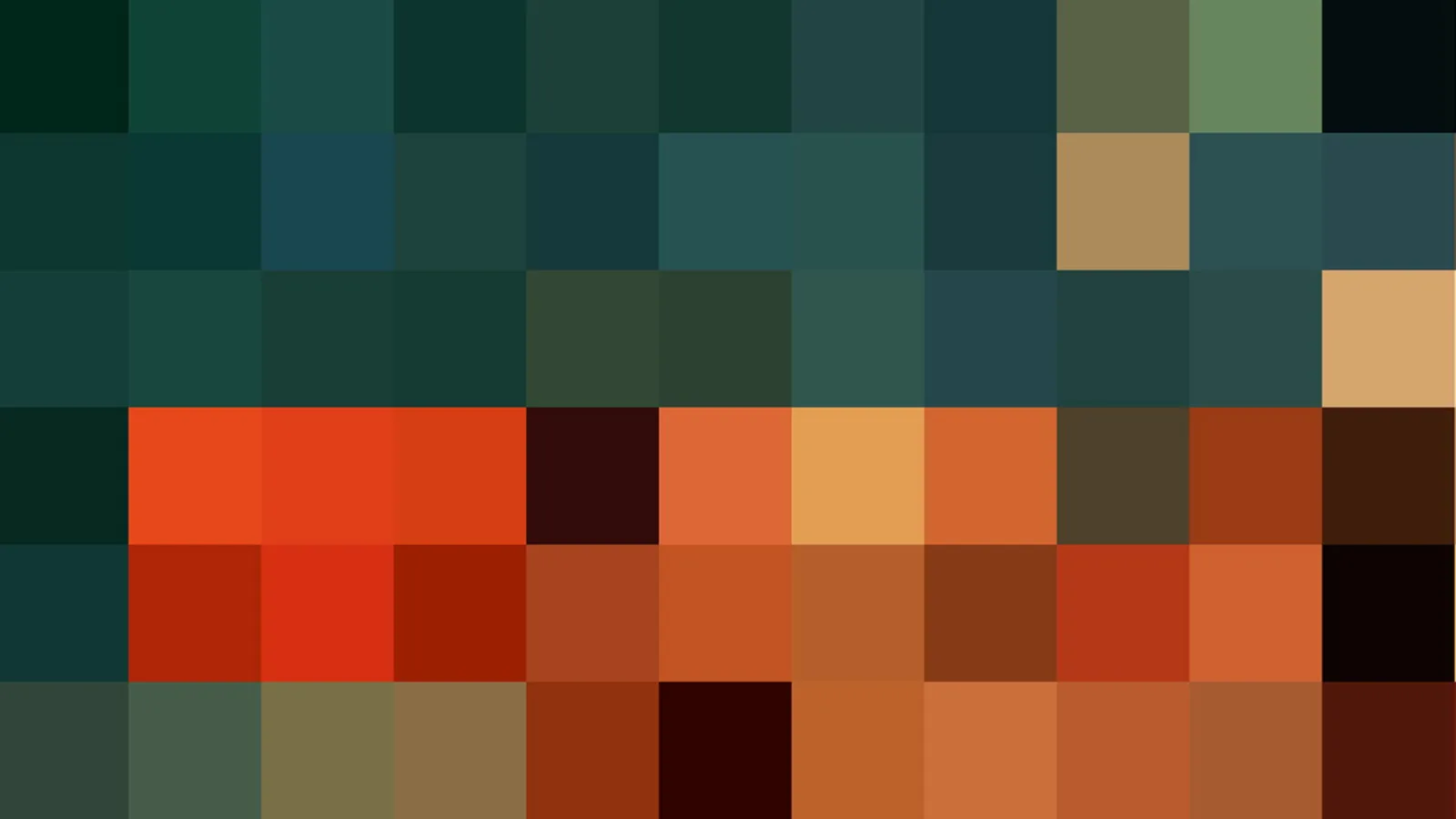 Abstraktes Mosaik aus quadratischen Farbfeldern in Grün-, Petrol- und Orangetönen, in sechs Zeilen angeordnet, mit einer orangefarbenen Zone in der Mitte.