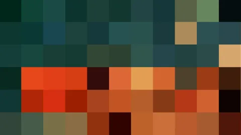 Abstraktes Mosaik aus quadratischen Farbfeldern in Grün-, Petrol- und Orangetönen, in sechs Zeilen angeordnet, mit einer orangefarbenen Zone in der Mitte.