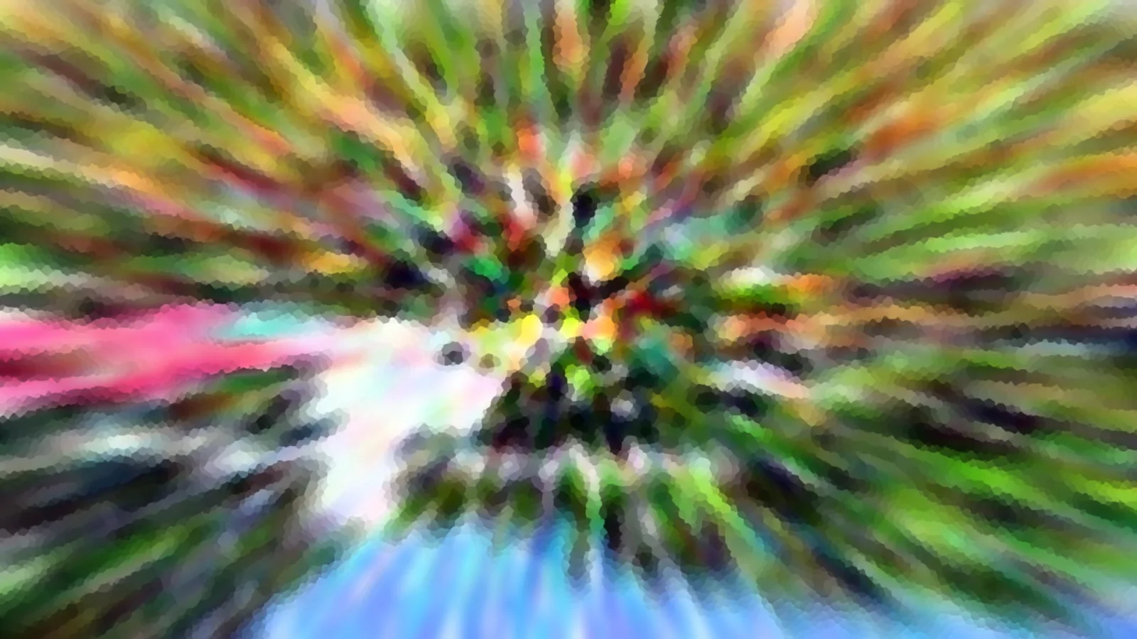 Abstrakte Komposition mit radialen Farbstrahlen in Grün, Pink, Weiß und Blau, die von einem dunklen Zentrum nach außen laufen und mosaikartig verpixelt wirken.