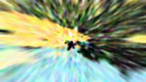 Abstrakte, radial verwischte Farbfläche mit gelben, grünen und türkisen Streifen, die von einem dunklen Zentrum nach außen laufen.
