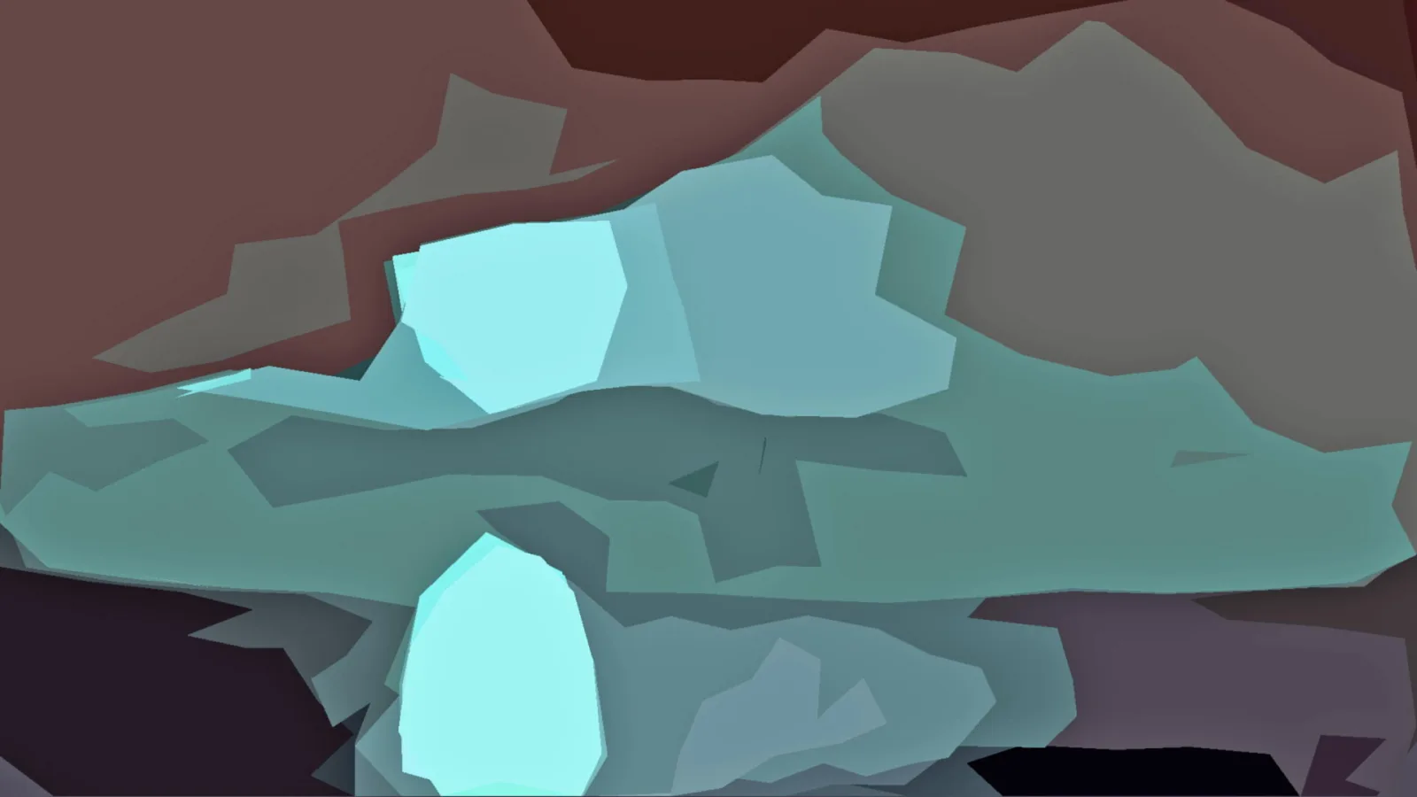 Abstrakte Komposition aus flachen, polygonalen Formen in Türkis, Petrol, Braun und Grau mit hellen Cyan-Akzenten.
