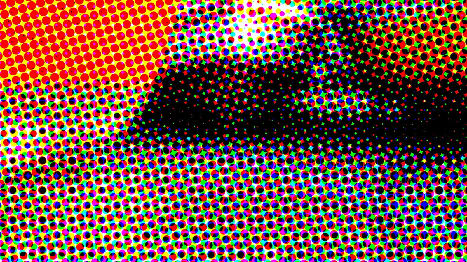 Abstraktes Muster aus bunten Druckpunkten in Rot, Gelb, Grün und Blau, in der Mitte eine große schwarze Fläche.