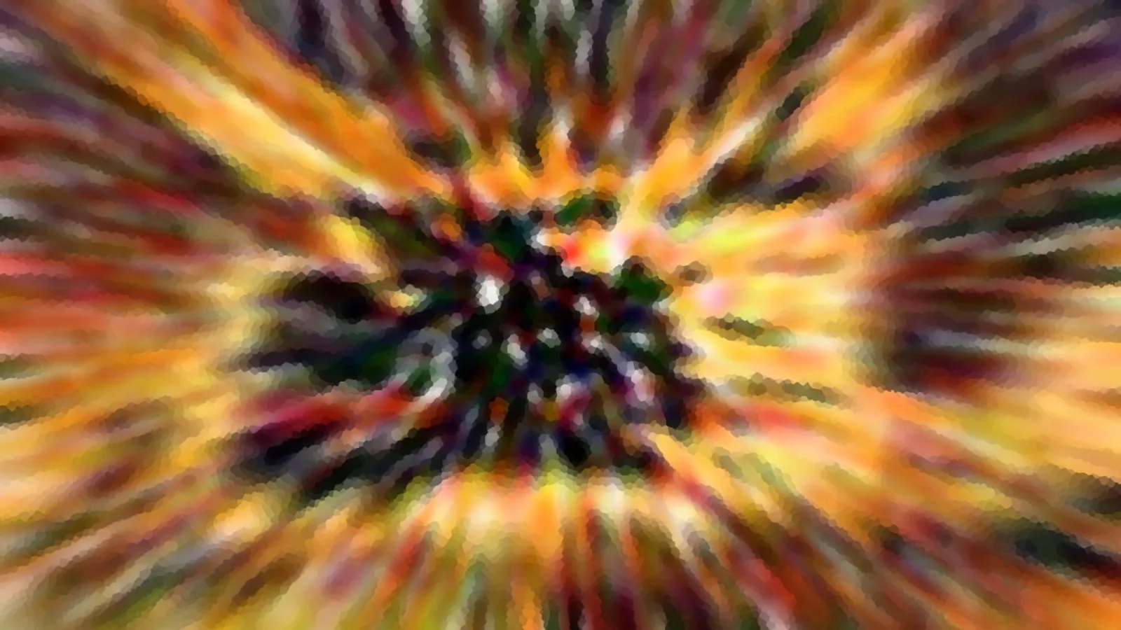 Abstrakte Komposition aus radial verlaufenden, verwischten Streifen in Orange, Gelb, Grün und Violett, die auf ein dunkles, unscharfes Zentrum zulaufen.
