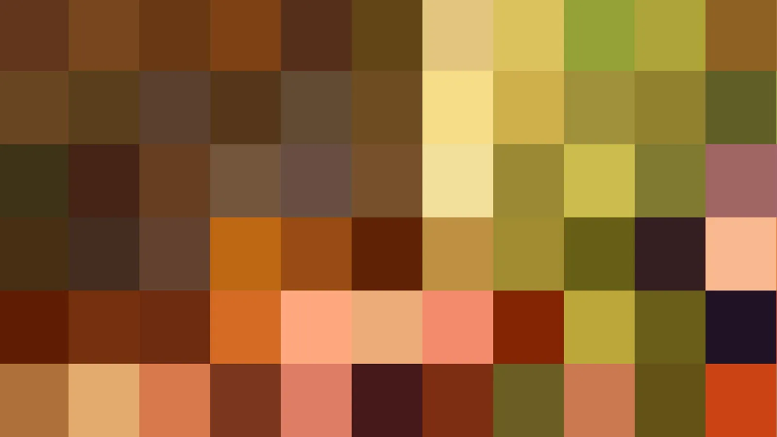 Abstraktes Mosaik aus quadratischen Farbfeldern in Braun, Ocker, Olivgrün, Gelb und Orange.