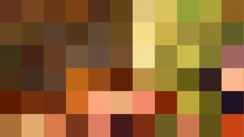 Abstraktes Mosaik aus quadratischen Farbfeldern in Braun, Ocker, Olivgrün, Gelb und Orange.
