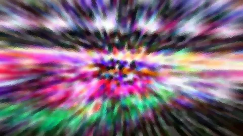 Abstrakte Komposition aus radial von einem Zentrum ausstrahlenden Streifen in Pink, Violett, Grün und Gelb mit dunklen Akzenten, leicht pixelig verwischt.