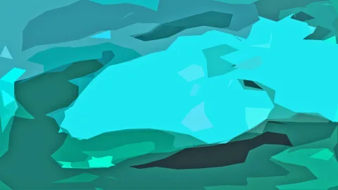 Abstrakte Komposition aus türkisen und dunkelgrünen polygonalen Flächen, im Zentrum eine leuchtend cyanfarbene Form.