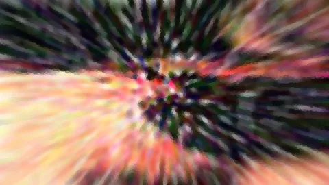 Abstraktes Bild mit farbigen Streifen, die von einem dunklen Zentrum in der Mitte nach außen strahlen, in Grün, Rosa, Orange und Gelb, leicht verpixelt.
