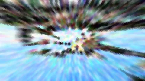 Abstrakte Komposition mit radialen Schlieren in Blau, Grün, Violett und Schwarz, die von einem hellen Zentrum aus nach außen laufen.