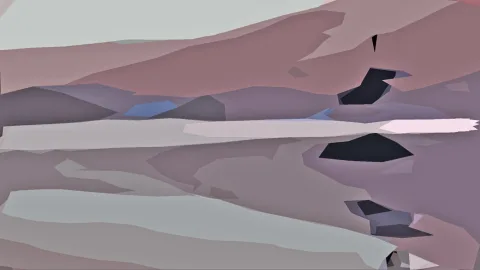 Abstrakte, kantige Landschaft mit rosafarbenen Hügeln, grauen Flächen, hellem Band und dunklen Formen
