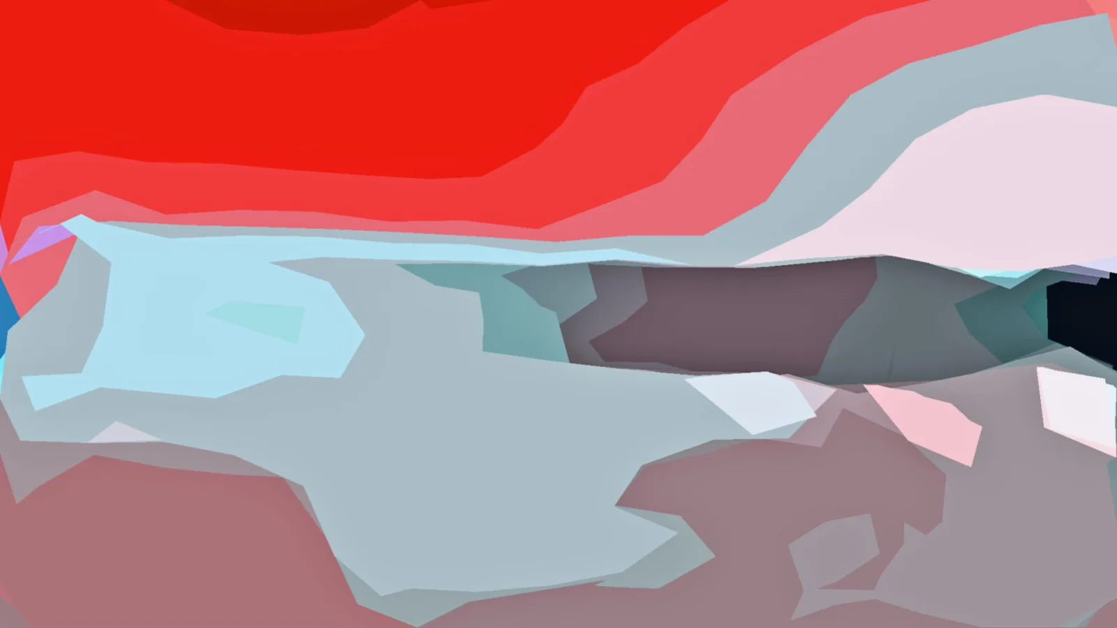 Abstrakte Komposition aus flachen, unregelmäßigen Farbflächen: oben leuchtendes Rot, darunter helles Blaugrau, Rosa und Mauve, rechts ein dunkler Block.