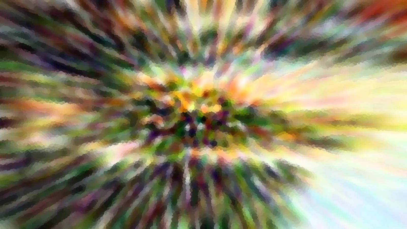 Abstraktes Bild mit radialen Streifen in Grün, Gelb, Orange und Violett, die von einem hellen Zentrum nach außen laufen, mosaikartig verpixelt.
