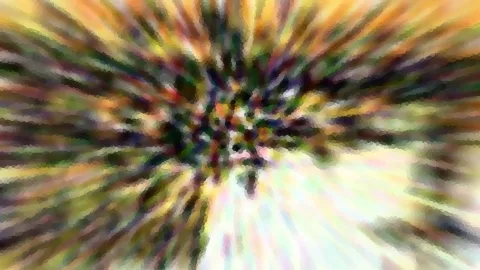 Abstraktes Bild mit radial von einem Mittelpunkt ausstrahlenden Streifen in Gelb, Grün, Violett und Weiß, die Ränder wirken wie gemalte Pinselstriche.