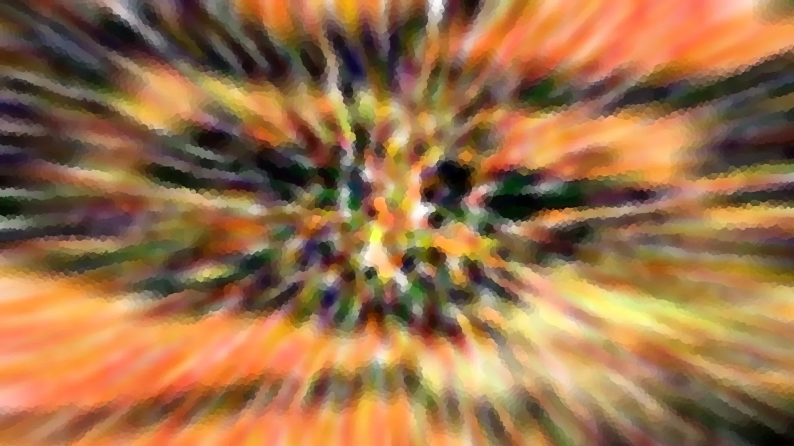 Abstraktes Bild mit farbigen Streifen, die von einem dunklen Zentrum radial nach außen strahlen, in Orange, Gelb, Grün und Violett.