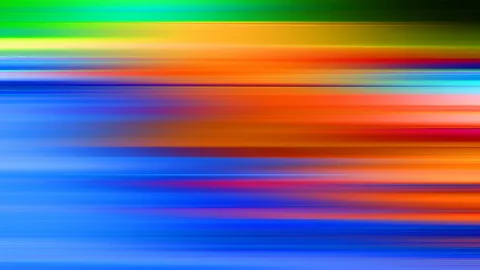 Abstrakte Komposition aus horizontal verwischten Farbbahnen in Grün, Gelb, Orange, Rot und Blau, die von oben nach unten ineinander übergehen.