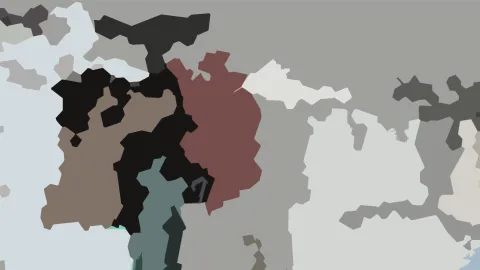 Abstrakte Komposition aus unregelmäßigen Flächen in Schwarz, Braun, Rot, Grau und Hellblau, die an eine vereinfachte geologische Karte erinnert.