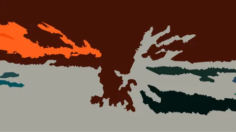 Abstrakte Komposition aus flächigen Formen in Orange, Dunkelbraun, Grau, Dunkelgrün und Petrol auf hellgrauem Grund.