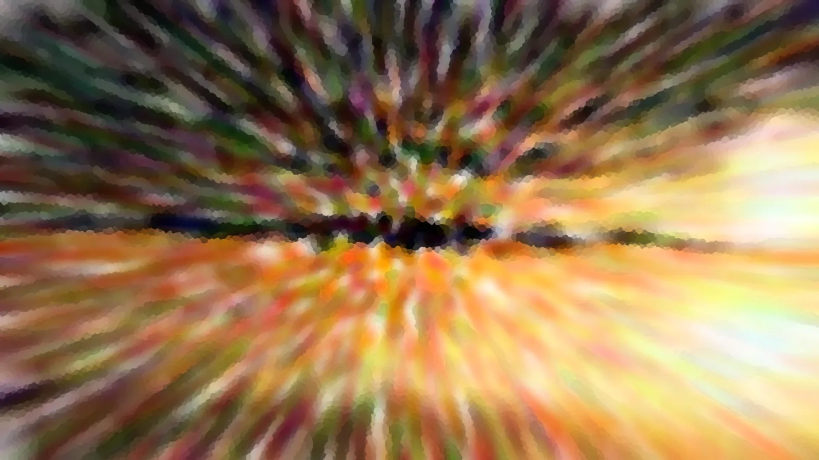 Abstrakte Komposition aus radial auslaufenden, verwischten Farbstreifen in Grün, Violett, Orange und Gelb, mit einem dunklen horizontalen Band in der Bildmitte.