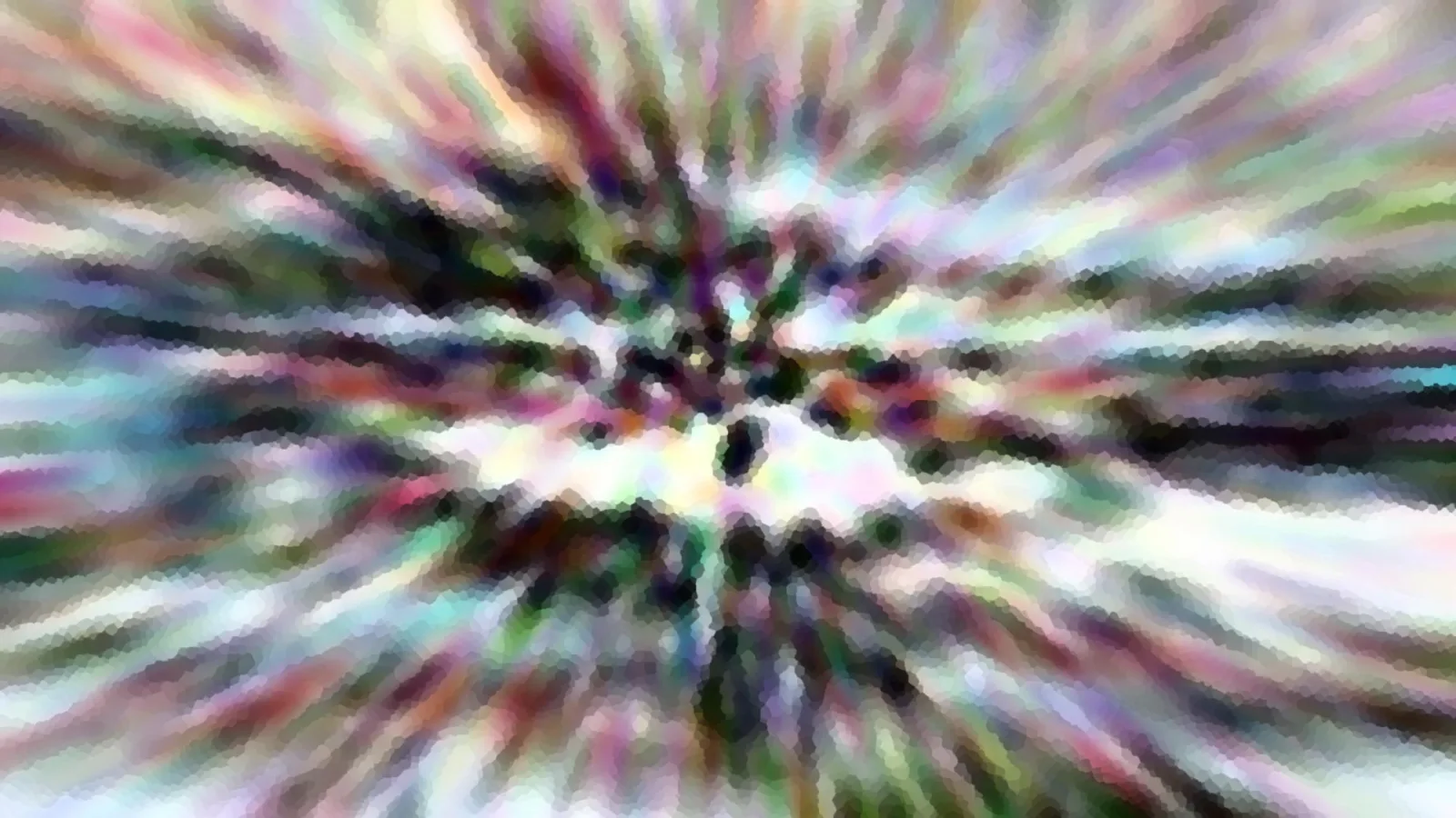 Bunte, verwischte Farbstreifen laufen radial von einem dunklen Zentrum nach außen, das Bild wirkt mosaikartig verpixelt.
