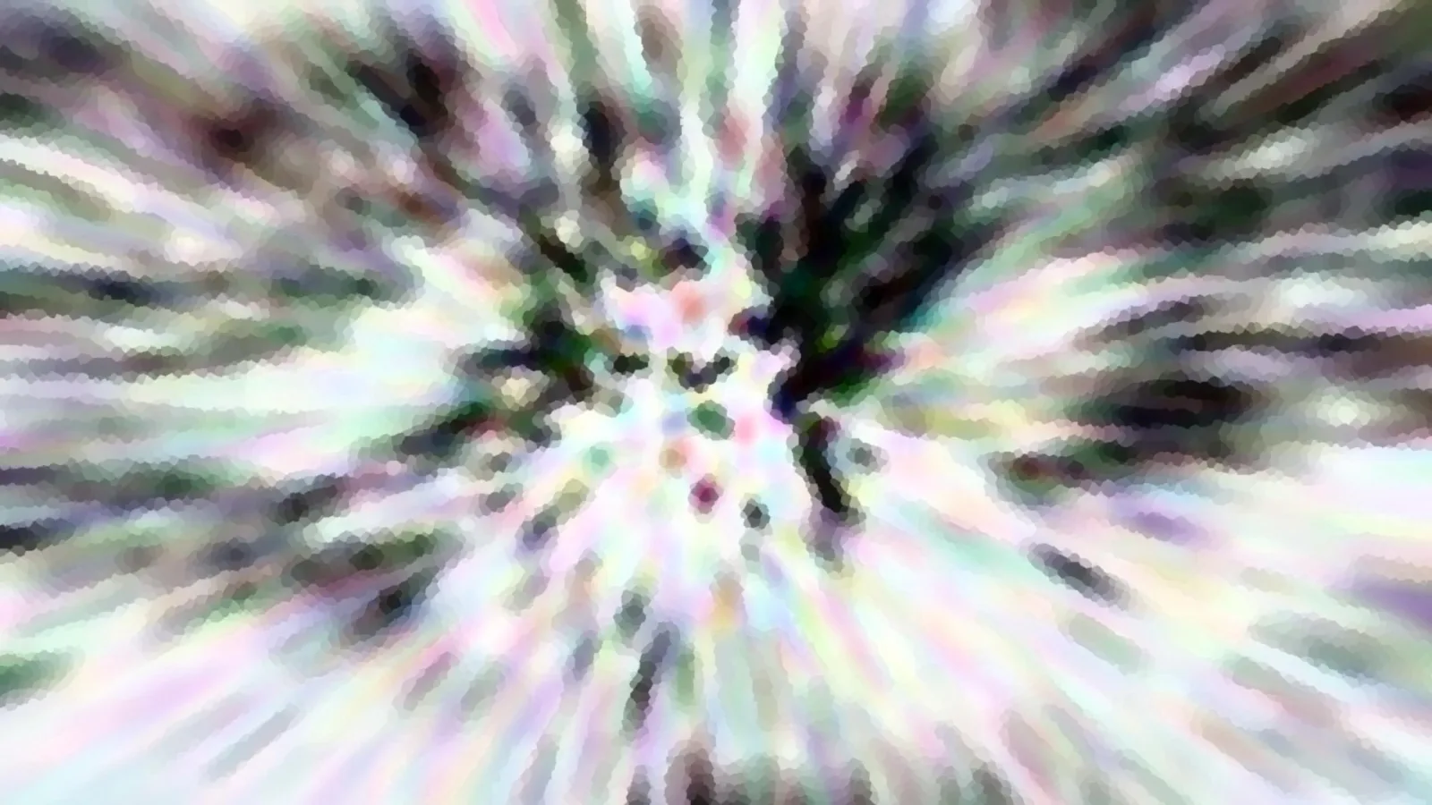Abstraktes Bild mit radialen Schlieren in Pastellfarben, die von einem dunklen Zentrum nach außen strahlen, mit körniger, pixeliger Struktur.