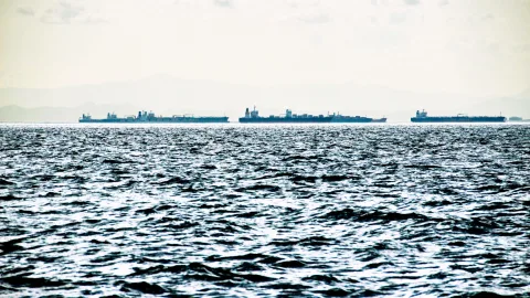 Drei große Frachter und Tanker liegen in weiter Entfernung auf dem Meer vor einer Küste mit blassen Bergen am Horizont, im Vordergrund bewegte dunkle Wellen unter hellem, diesigem Himmel.