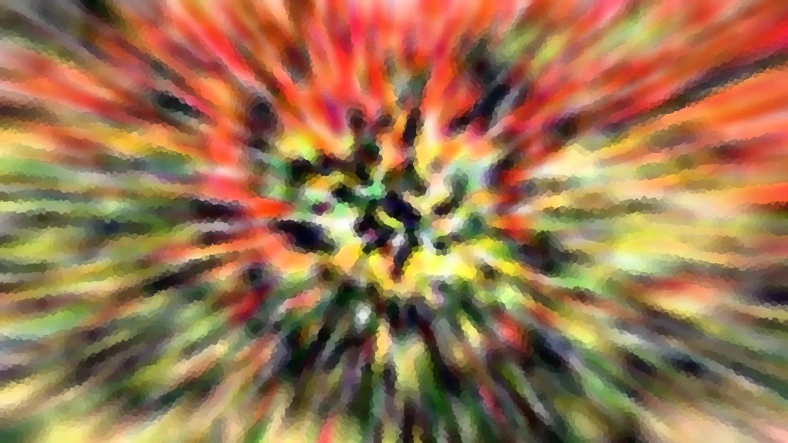 Abstrakte Komposition aus radial angeordneten Farbstrahlen in Rot, Orange, Gelb und Grün, zur Mitte hin dunkel.