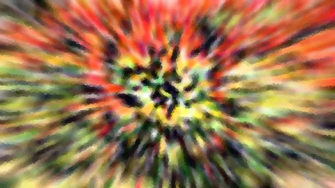 Abstrakte Komposition aus radial angeordneten Farbstrahlen in Rot, Orange, Gelb und Grün, zur Mitte hin dunkel.