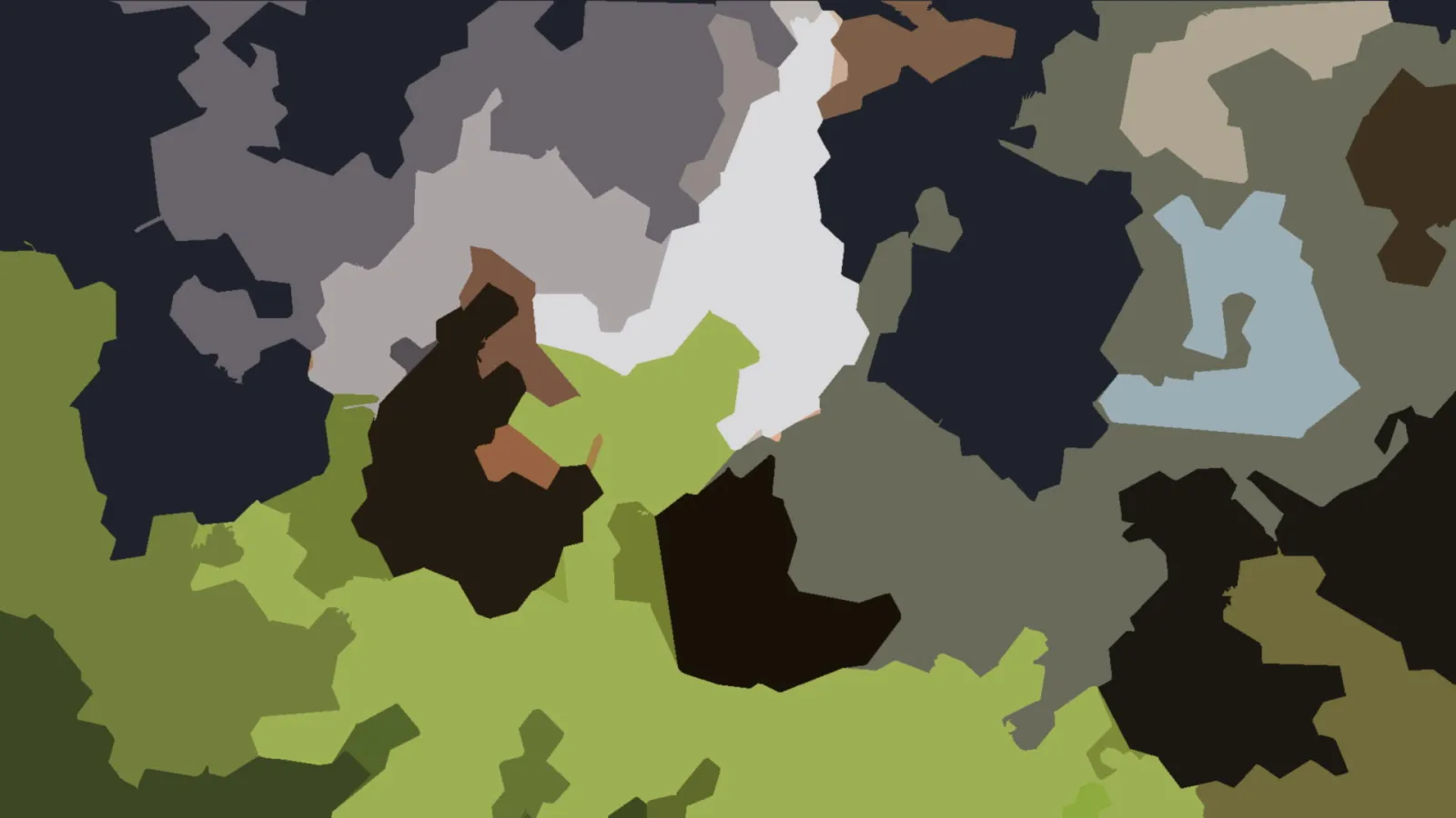 Abstraktes Muster aus unregelmäßigen Flächen in Olivgrün, Grau, Dunkelblau, Braun und Hellblau.