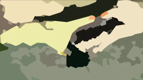 Abstrakte Komposition aus flachen, unregelmäßig geformten Farbflächen in Creme, Gelb, Grün, Schwarz und Grau, mit einzelnen orangen Akzenten.